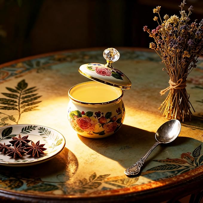 Floral Enamel Sugar Bowl Gold Ethnic Seasoning Jar Vintage Tea Canister Spice Box Retro Coffee Candy Storage Pot Bohemian Pink Flower Beige Salt Container Jar for Home Kitchen Decor