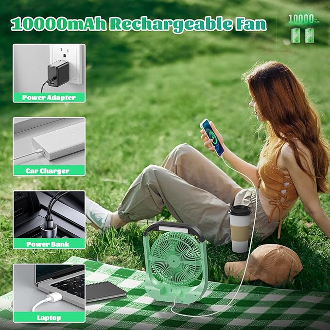 ATEngeus USB Desk Fan with 10000mAh Battery, 4 Speeds, 8“ Portable Camping Fan, 180°Rotation, LED Light, Timer, for Camping, Travel, Office and Home Use