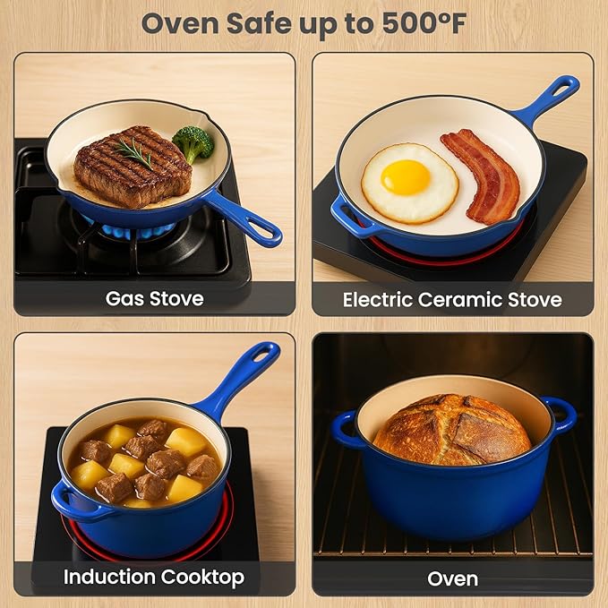 QuliMetal Nonstick Enameled Cast Iron Cookware Set, 5 Pcs Pots and Pans with Lid, Skillet, Frying Pan, Saucepan & Dutch Oven for All Stovetops, PFA Free - Ideal for Sourdough Bread Baking