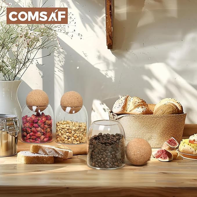 ComSaf 16oz Clear Decorative Glass Jar with Cork Ball Lid - Coffee Bar Kitchen Counter Bathroom Storage, Dishwasher Safe, Glass Canister for Coffee Sugar Candy Storage - Home Decor & Gifting