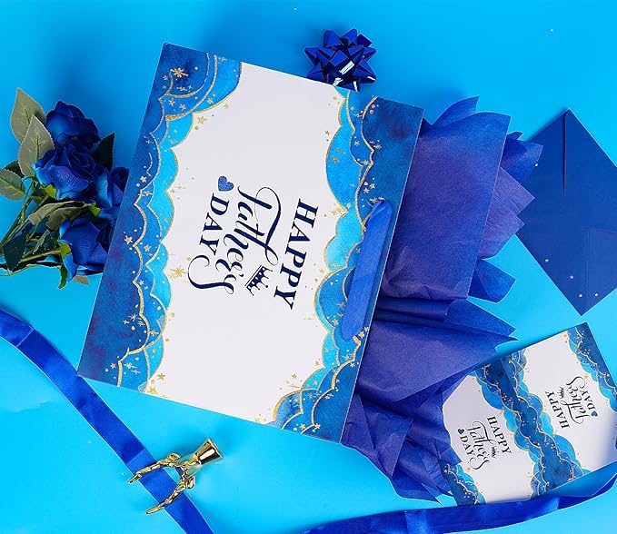 Jaywayang 15.7" Extra Large Happy Father's Day Gift Bag with Card and Tissue Paper(Blue and White)