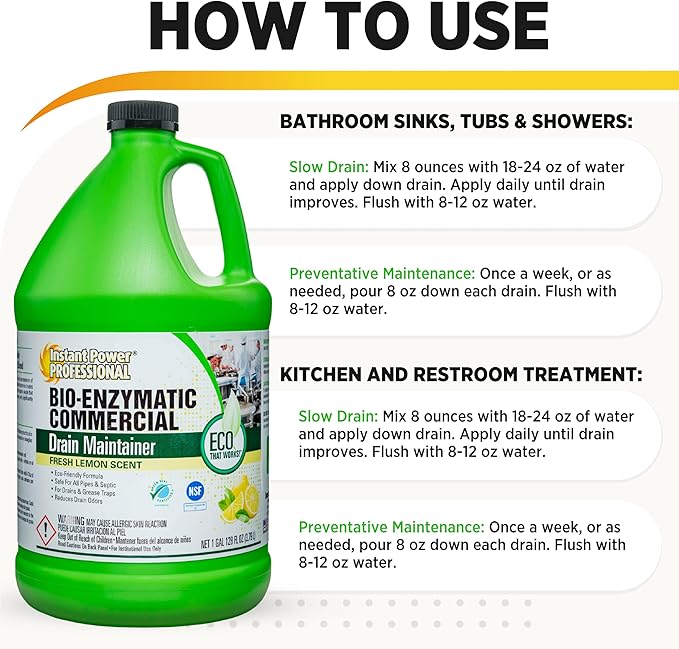 Instant Power Commercial Drain Maintainer - Drain Cleaner Liquid, For Sink Drains, Toilet Clogs, and Grease Traps, Made in USA, Clog Remover Liquid - 1 Gallon 4 Pack