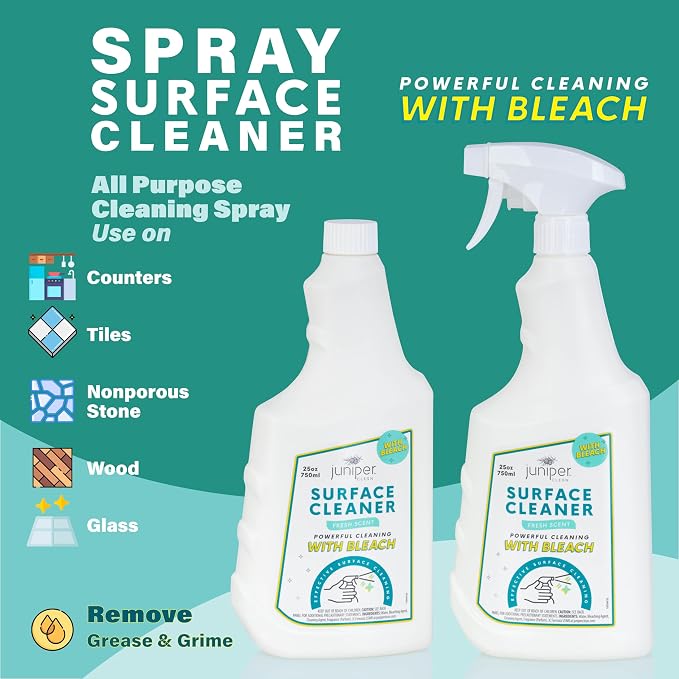 Juniper, Surface Cleaner With Bleach, All-Purpose Cleaner for Bathroom, Kitchen, Toilet, 25 Fl. Oz Trigger Spray Bottle, (Pack of 12), Total 300 Ounce