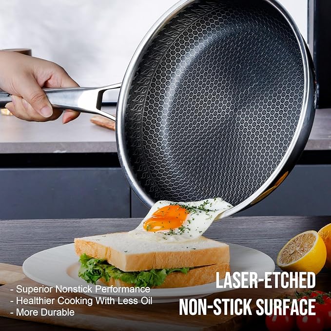 11 Inch Hybrid Nonstick Frying Pan, Stainless Steel Pan Non Stick Skillet, PFOA Free Cookware, Non Toxic Chef's Pan, Compatible with Electric, Gas and Induction, with Lid