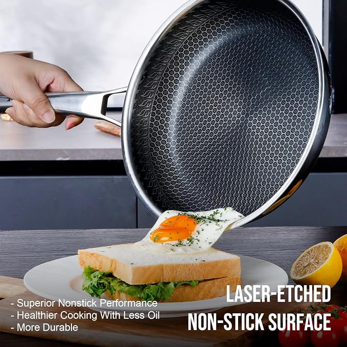 10 Inch Hybrid Nonstick Frying Pan, Stainless Steel Pan Non Stick Skillet, PFOA Free Cookware, Non Toxic Chef's Pan, Compatible with Electric, Gas and Induction, with Lid