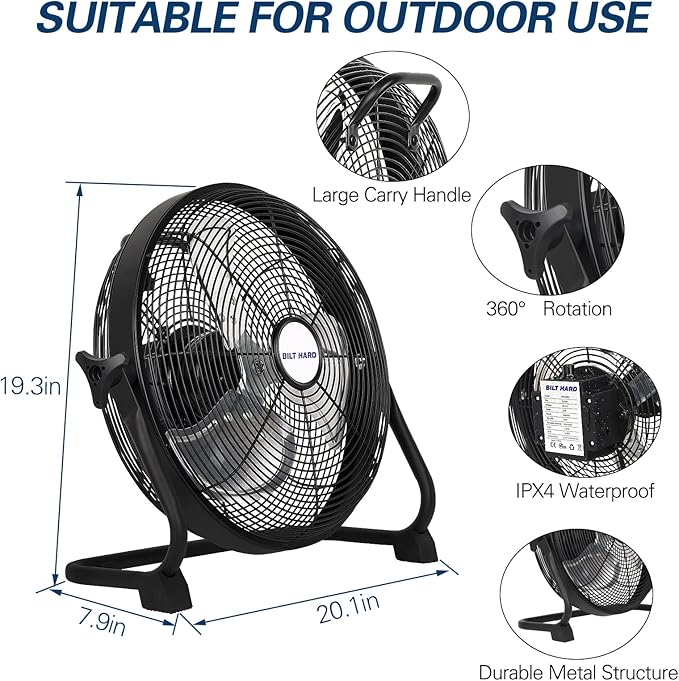 BILT HARD 16 Inch Rechargeable Battery Operated Outdoor Floor Fan, 15600mAh Battery Powered High Velocity Portable Fan with Metal Blade, USB Output for Travel, Camping, Backyard