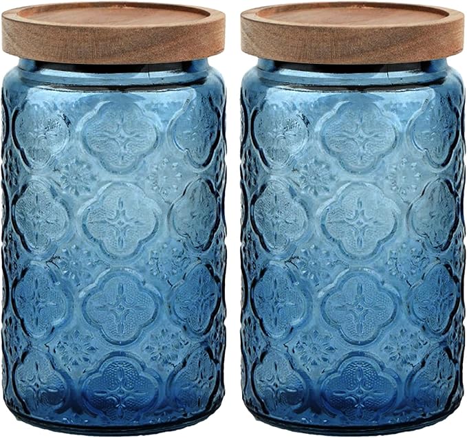 Glass Jar with Lid, Vintage Glass Storage Jars with Airtight Lid Coffee Canister Sugar Container for Kitchen Counter Pantry, Spice, Candy, Coffee Beans, Tea, Oats (34FL OZ Begonia Blue)