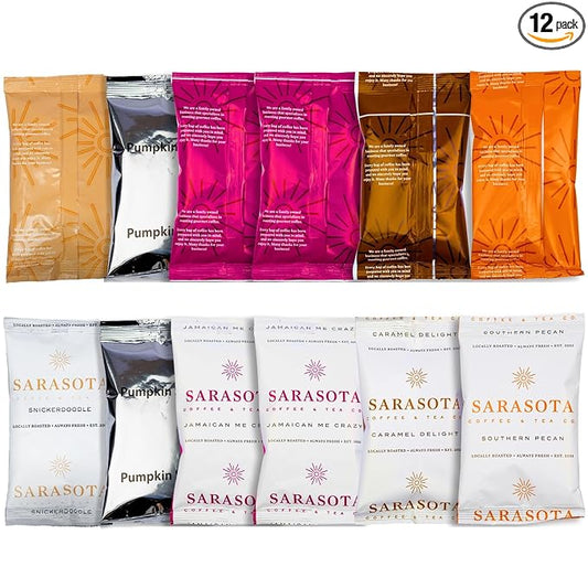 Coffee Gift Set Sampler – Flavored Ground Variety Pack | Medium Roast Low Acid Mold-Free Packets | Gourmet Pre-Measured 2oz Bags for 12 Cup Drip Makers, 12-Count – Sarasota