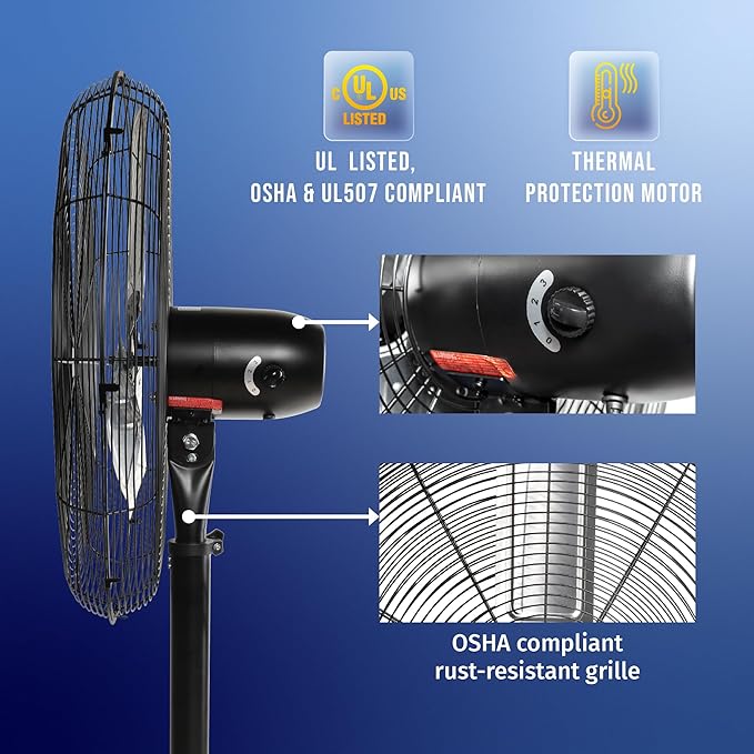 Tornado 24 Inch High Velocity Stationary Non-Oscillating Metal Pedestal Fan Commercial, Industrial Use 3 Speed - 7600 CFM 6.6 FT Cord UL Safety Listed
