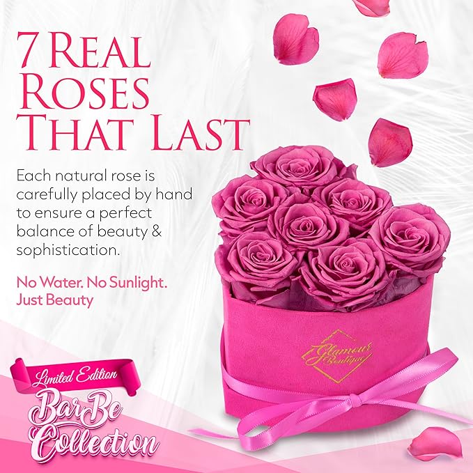 GLAMOUR BOUTIQUE 7 Flower Forever Heart Shape Box, Eternal Preserved Roses Gift for Her, Lasting Flowers, Petite Floral Heart Box for Birthday, Anniversary Valentine’s Day, Velvet Pink (Color-Treated)