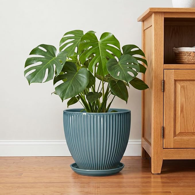 10 Inch Plant Pot, Ceramic Flower Pots with Drainage Hole and Saucer, Round Modern Planters for Indoor Plants, Decorative Plant Pots, Home Patio Decor, Plant Lover Gifts, Glaze Blue