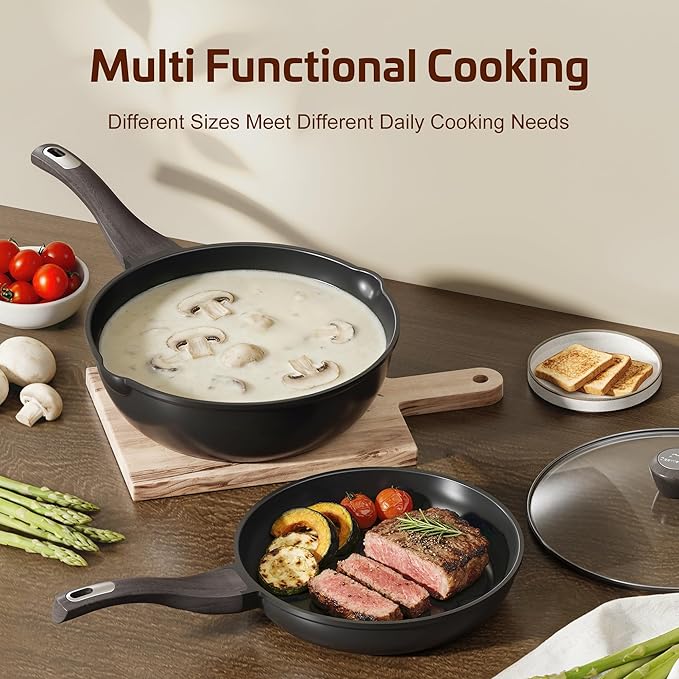 Nonstick Cookware Set, Titanium Coating Pan Set, Induction Cookware Oven Safe RV Kitchen Set, PFAS PFOA & PTFE Free, (8+11Inch with Lid)