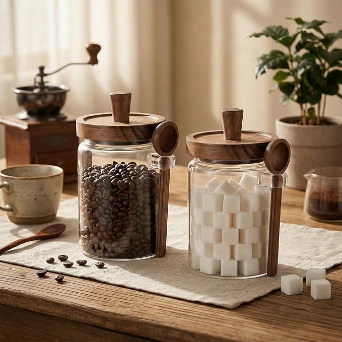 6 Pcs Coffee and Sugar Container Set, 20 oz Glass Coffee Jars with Wooden Lids and Scoops, Loose Leaf Tea Storage Canister Decorative Sugar Tea Creamer Canisters for Kitchen Countertop