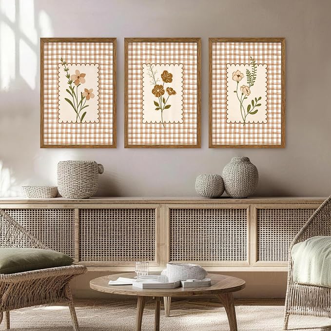JLTULT Farmhouse Botanical Wall Art Set of 3, Neutral Brown Cottagecore Floral Prints, Wood Framed Wall Decor for Bedroom Living Room Nursery Hallway, 16x24 Inches Each, Ready to Hang
