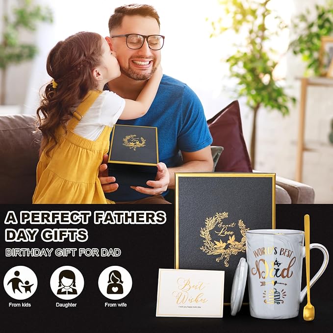 Birthday Gifts for Dad from Daughter, Son or Wife, Worlds Best Dad Mug – 14Oz Unique Grey Marble Coffee Cup with Gold Print, Funny Christmas Fathers Day Present, with Lid, Spoon, Card, Luxury Gift Box