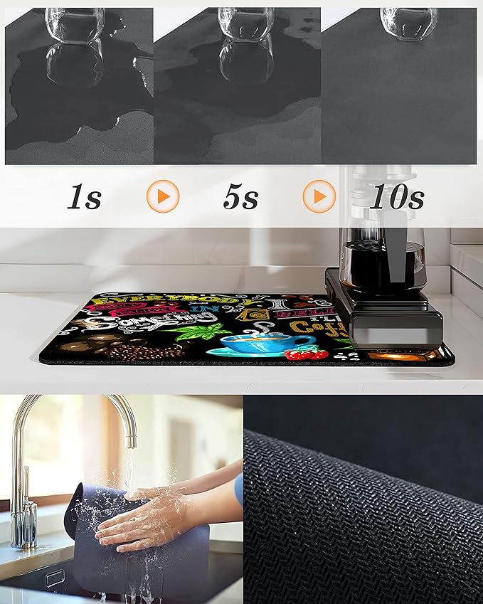 Coffee Bar mat Accessories for Countertop Absorbent Hide Stain Rubber Backed Dish Drying Mats for Kitchen Counter Draining Pad Decor Gift(20x12in)
