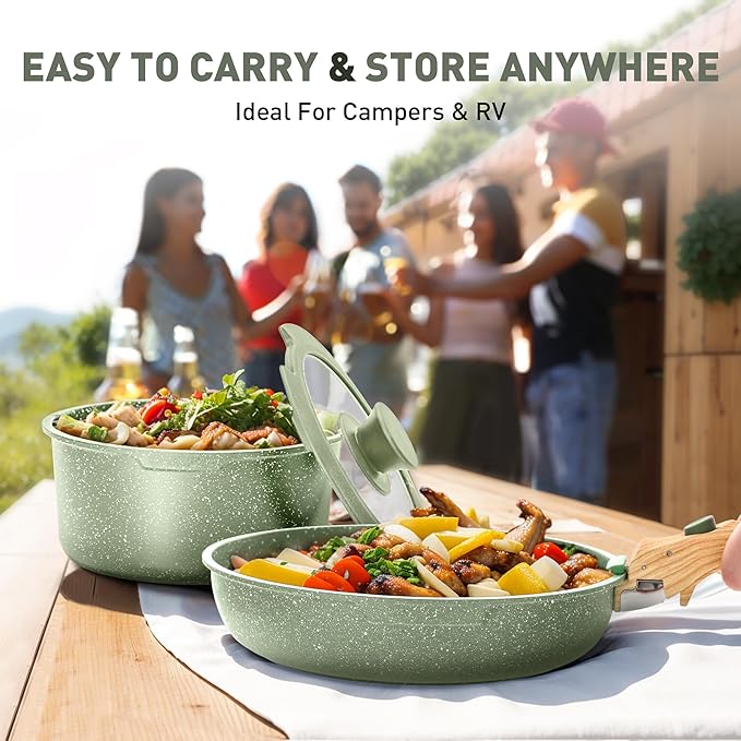 MAISON ARTS Detachable Handle Induction Pots and Pans Set, 10 Piece Non Stick Kitchen Cookware Sets, Stackable Green Granite RV Cooking Set for Camper