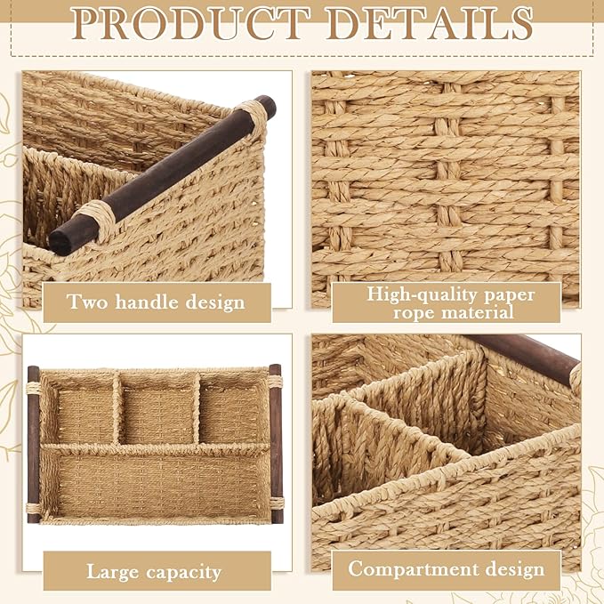 Remerry Beige Bathroom Countertop Organizer Caddy, Wicker-Like Divided Basket with Handle and Metal Frame, 4 Compartment, Paper Rope Storage Organizer for Vanity Kitchen (10.24 x 7.87 x 3.94 in)