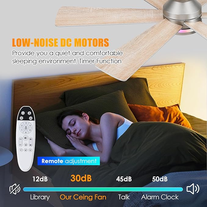 Asyko Silver RGB Ceiling Fan with Light and Remote/APP Control - 46" Flush Mount Low Profile Fan Light, 6 Speeds 3CCT and Reversible, Indoor Ceiling Fan for Bedroom, Party