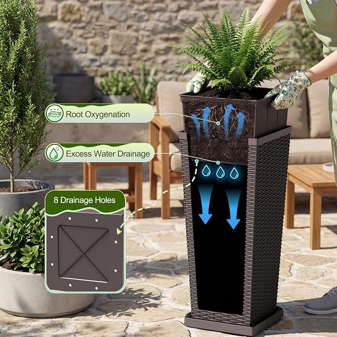 Devoko Resin Tall Planters for Outdoor Plants Set of 2, Large Taper Outdoor Planter Pots with 4 Drainage Holes, Flower Pots Modern Decor for Porch, Patio, Backyard, Garden(Brown, 24'' with Trays)