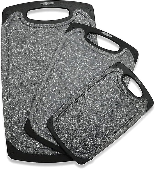 Viretang Plastic Cutting Boards Set of 3 Extra Large for Kitchen, Thick Chopping Board with Deep Juice Grooves, Non‑Slip Feet, Easy Grip Handle, BPA Free, Dishwasher Safe,Black