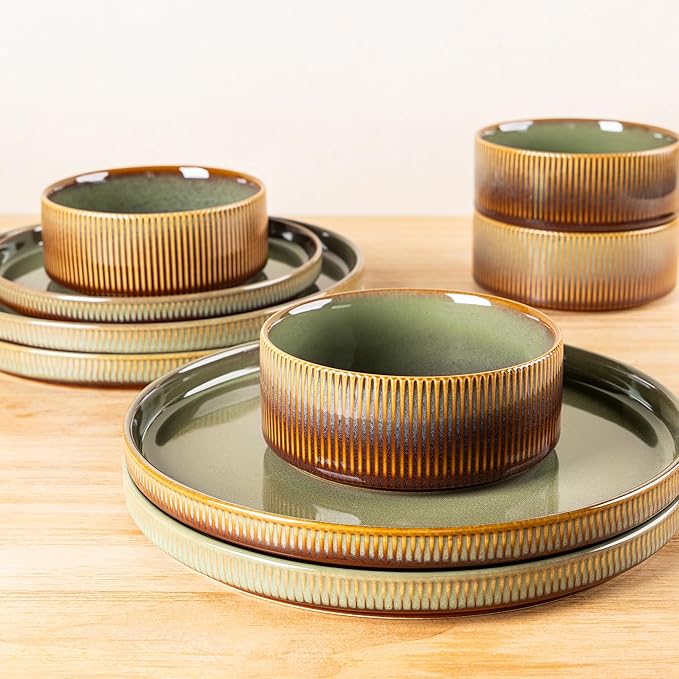 TheTerra Ceramic Dinnerware Sets with Pasta Bowls for 4, 16 Pieces Porcelain Lightweight Plates and Bowls Sets, Scratch Resistant Dish Set, Oven & Microwave & Dishwasher Safe, Sage Umber