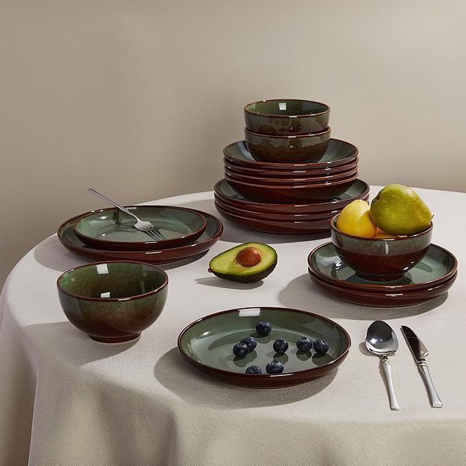 Pokini Stoneware Dinnerware Sets Service for 12, 36 pcs Reactive Glaze Plates and Bowls Sets, Handmade Ceramic Dish Set, Highly Chip and Crack Resistant Modern Plate Set, Brown Green
