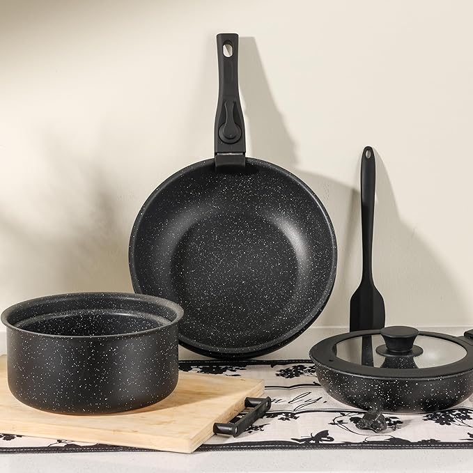 Simple Deluxe 12 Pcs Non-Stick Cookware Set, with Black Granite Texture and Detachable Handles, Resistant to High Temperatures, Oven Safe, PFAS and PFOA Free