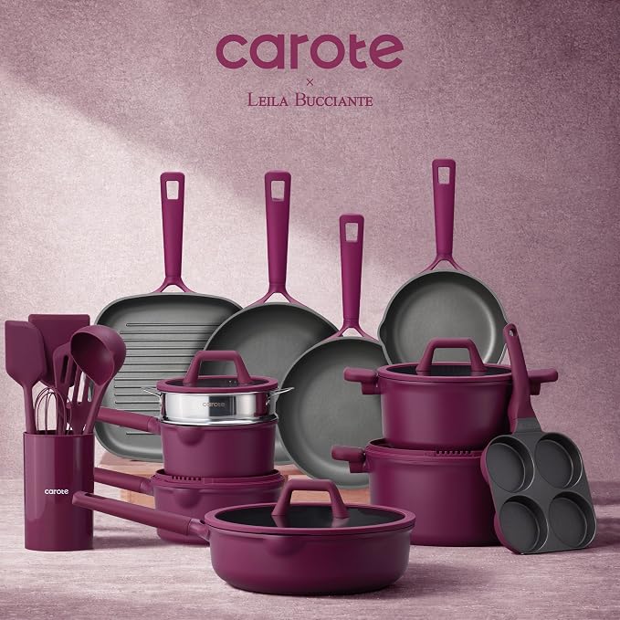 CAROTE 31pcs Pots and Pans Set, Nonstick Cookware Set | Induction Kitchen Set, Durable Coating, Easy Clean, Fit All Stovetops, Even Heating, Purple