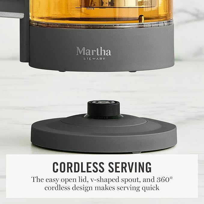 Martha Stewart Electric Kettle with Removable Stainless Steel Tea Infuser, Glass Carafe 1.7L (7 Cups), Hot Water Boiler, 4 Presets, Keep Warm & Auto Shut-Off, Cordless 360° Swivel Base, Caviar Gray