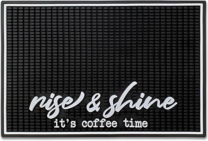 New Mungo Coffee Bar Mat – “Rise & Shine It’s Coffee Time” – Spill-Proof PVC Coffee Station Mat, Non-Slip Countertop Protector 18"x12"