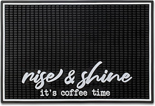 New Mungo Coffee Bar Mat – “Rise & Shine It’s Coffee Time” – Spill-Proof PVC Coffee Station Mat, Non-Slip Countertop Protector 18"x12"