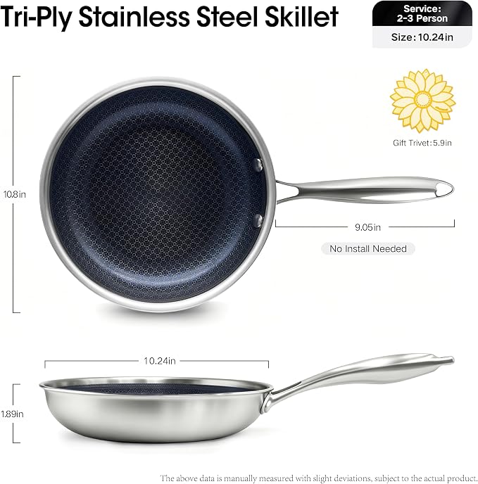 BRASA Nonstick Frying Pan 10.24-inch,Tri-Ply Stainless Steel Skillet,Honeycomb Ceramic Coating, Induction & All Cooktop Compatible,Dishwasher safe (PFOS, PFOA Free)(10.24 in+5.9 in trivet)