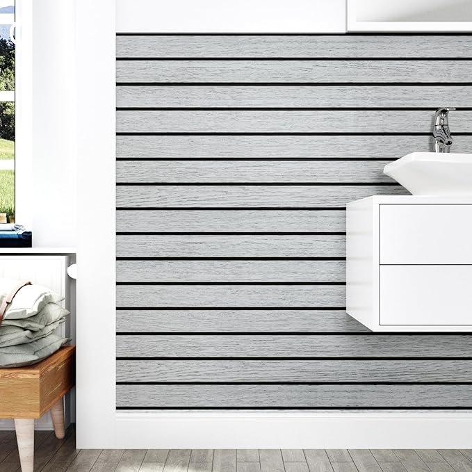 Wallercity White/Gray Self Adhesive Wood Slat Wall Paneling 3D Panels for Wall Decor Soundproof Peel and Stick Wooden Panels for Bedroom Kitchen 11.7''x197'' Vinyl Waterproof Faux Wood Fence Wallpaper