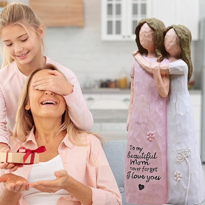 Mother Daughter Gift, Birthday Gifts for Mom from Daughter, Sculpted Hand-Painted Figurine (Pink)