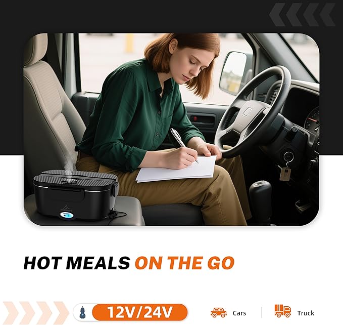 Heated Lunch Box,120W Electric Lunch Box for Adults with 1.5L 304 Stainless Steel Container, 12V/24V/110V Lonchera Eléctrica Portátil for Travel,Work,Car,Truck (Pure Black, 1.5L)