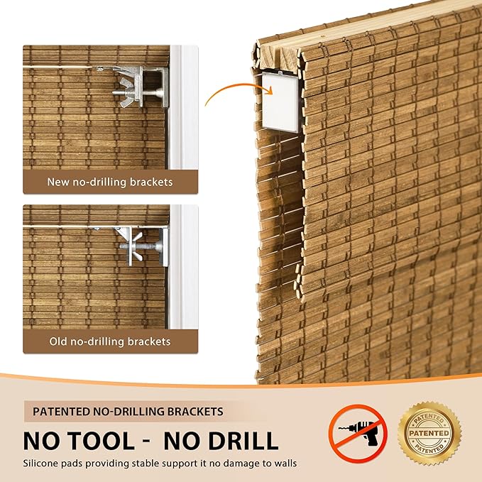 LazBlinds No Tools No Drill Cordless Bamboo Roman Shades, Light Filtering Window Treatment, Roll Up Bamboo Blinds for Windows 39'' W x 64'' H, Eastfield Teak