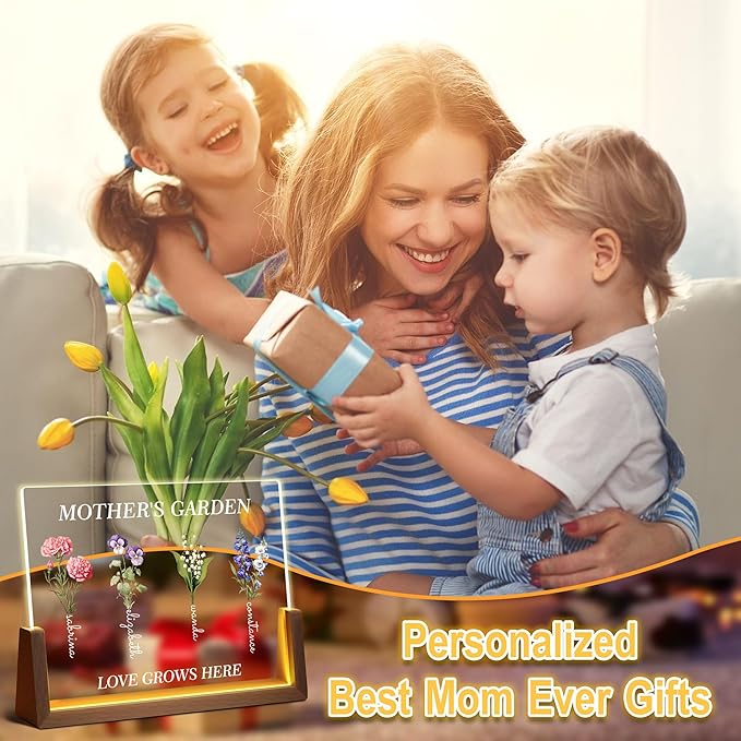 Personalized Mothers Day Birthday Gifts For Mom Grandma Wife, Custom Mom Gifts From Daughter Son, Customized Birth Flower Mothers Garden Plaque Light Up Picture Frame For Mama Grandma Gift