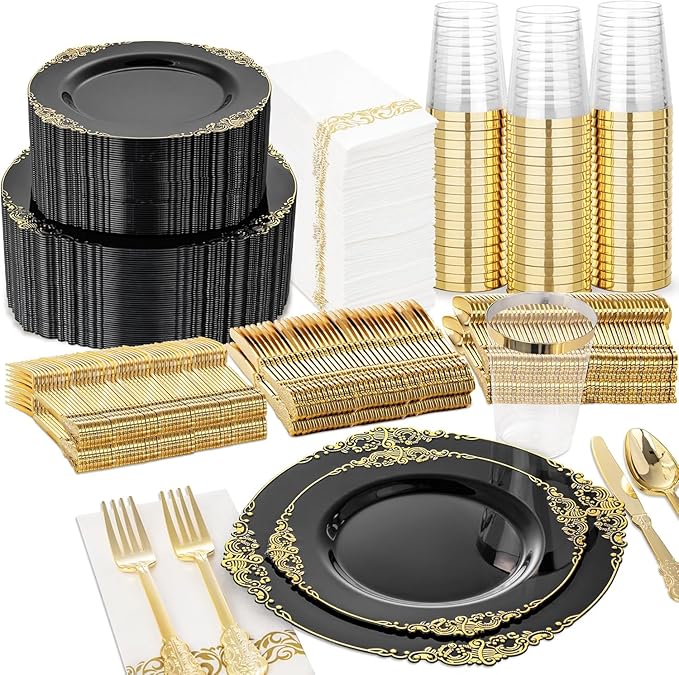 Nervure 350PCS Black Plastic Plates - Black Plastic Dinnerware Sets for 50 Guests - 100 Disposable Plates, 150 Gold Silverware, 50 Cups, 50 Napkins for Wedding & Party & Graduation & Retirement