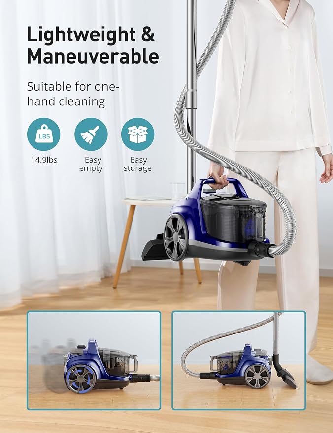 Aspiron Canister Vacuum Cleaner, 40Kpa Bagless Vacuum Cleaners, 4QT Large Dust Cup, Double HEPA Filter, Retractable Cord, 1600W Lightweight Vacuum Cleaner with 5 Tools for Hard Floors, Prussian Blue