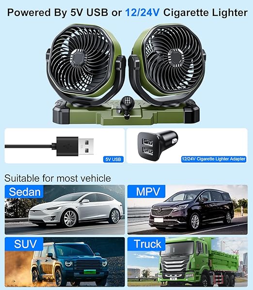 Dual Head Car Cooling Fan for Dashboard, DC 5V USB / 12V / 24V Universal Cigarette Lighter Plug Car Fans That Blow Cold Air Cooler for Vehicles Sedan Suv Rv Van Truck Utv Tractor Cab without AC