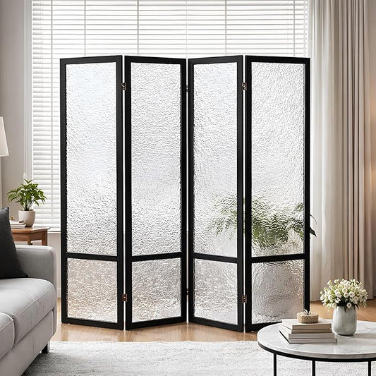 Acrylic Room Divider 4 Panel 67" Tall Room Divider and Privacy Screen with Solid Paulownia Wood Frame, Freestanding Partition Divider for Room Separation, Home, Bedroom, Office - Black