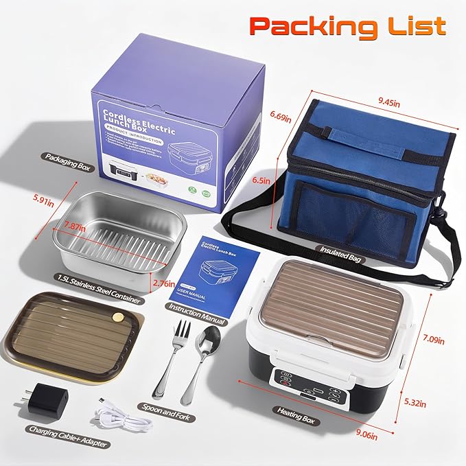 Cordless Electric Heated Lunch Box, XL 6.3Cups Rechargeable Food Warmer Lunch Box with Self Heating, Smart Timer, Adjustable Temperature, Leakproof, BPA Free, Removable Divider Dark Black