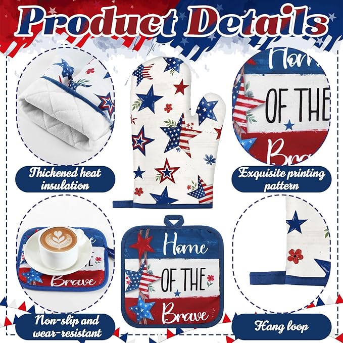 Fourluoo 10 Pcs 4th of July Kitchen Decor and Accessories Red Blue and White Oven Mitts and Pot Holders Set Dish Towels Patriotic Independence Day Kitchen Decor for Chef Baking Cooking BBQ Women Gift
