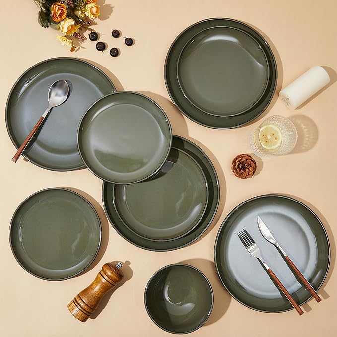 Pokini Santorini Mist Terracotta Reactive Glaze Plates and Bowls Sets, Stoneware Dinnerware Sets, Microwave and Dishwasher Safe Ceramic Dish Set Service for 4, Blackish Green