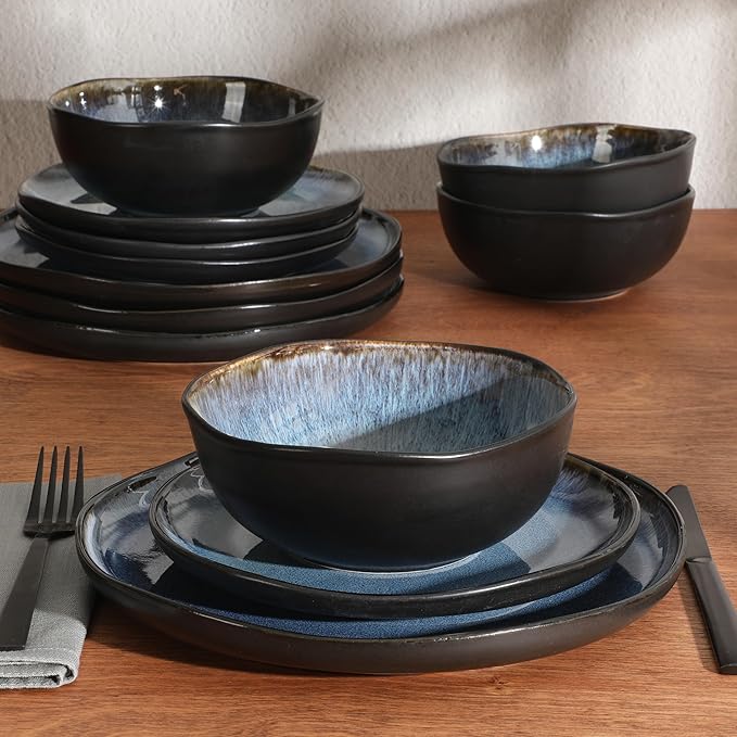 Gibson Elite Nardini 12 Piece (Service for 4) Plates and Bowls Reactive Glaze Dishes Stoneware Ceramic Dinnerware Set - Black and Blue