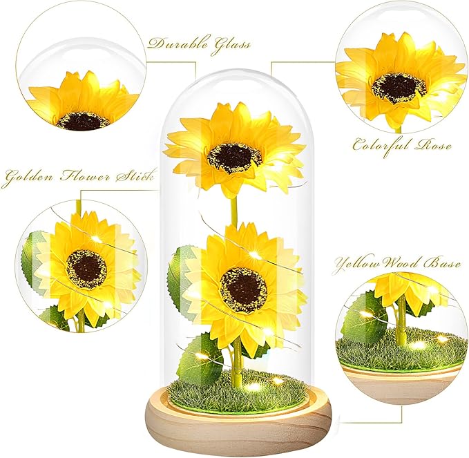 Birthday Gifts for Women Mothers Day Sunflower Gifts for Mom from Daughter, Mom Gifts for Women Sister Grandma Wife Teacher Friends Female,Mothers Day Flowers Gifts,Sunflowers Decor in Glass Dome