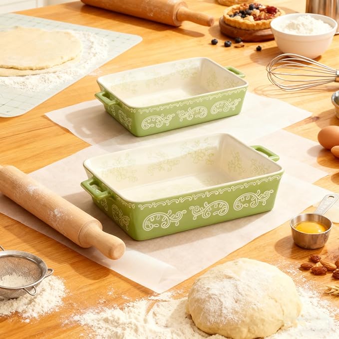 Domini Casserole Dishes for Oven, Ceramic Baking Dishes for Oven Set of 2, Lasagna Pan Deep, Baking Pan Set Square Casserole Dish Set with Handles for Baking, Pattern Green(11.4+8.5inch)