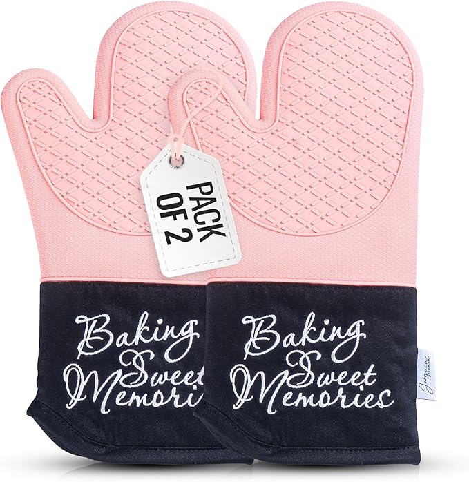Mitts - Long Slip Resistant Pot Holders - Silicone Oven Mitts - Baking Gloves for Oven - Perfect for Baking, BBQ, Cooking, and Grilling, Oven Mitts Set of 2, 7''x13'' (Pink)
