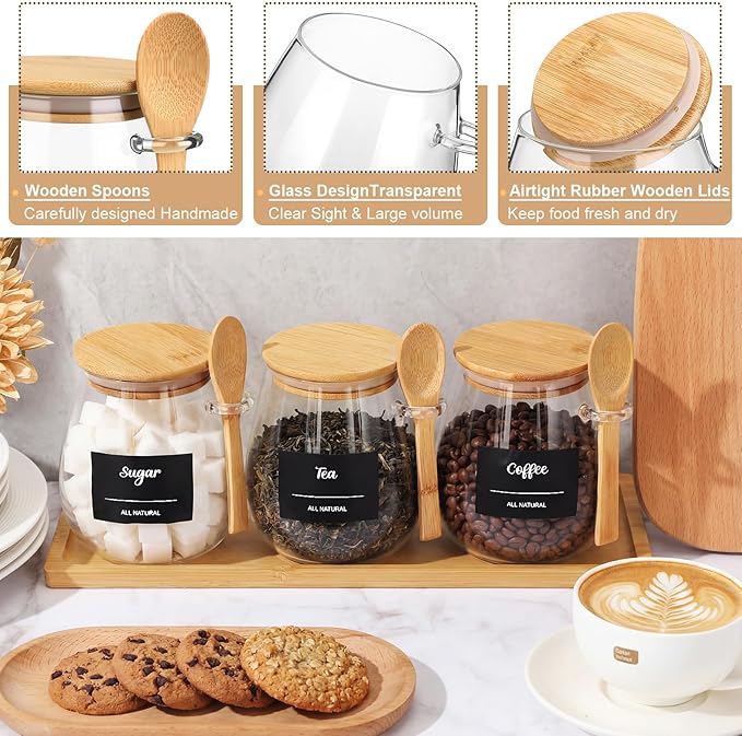 Suclain 3 Pcs Glass Coffee Container with Wooden Lid Spoon Tray Shelf Labels Clear Airtight Glass Jar Storage Container Set for Coffee Beans Tea Leaves Grains Dried Fruits Sugar Spice(28oz)